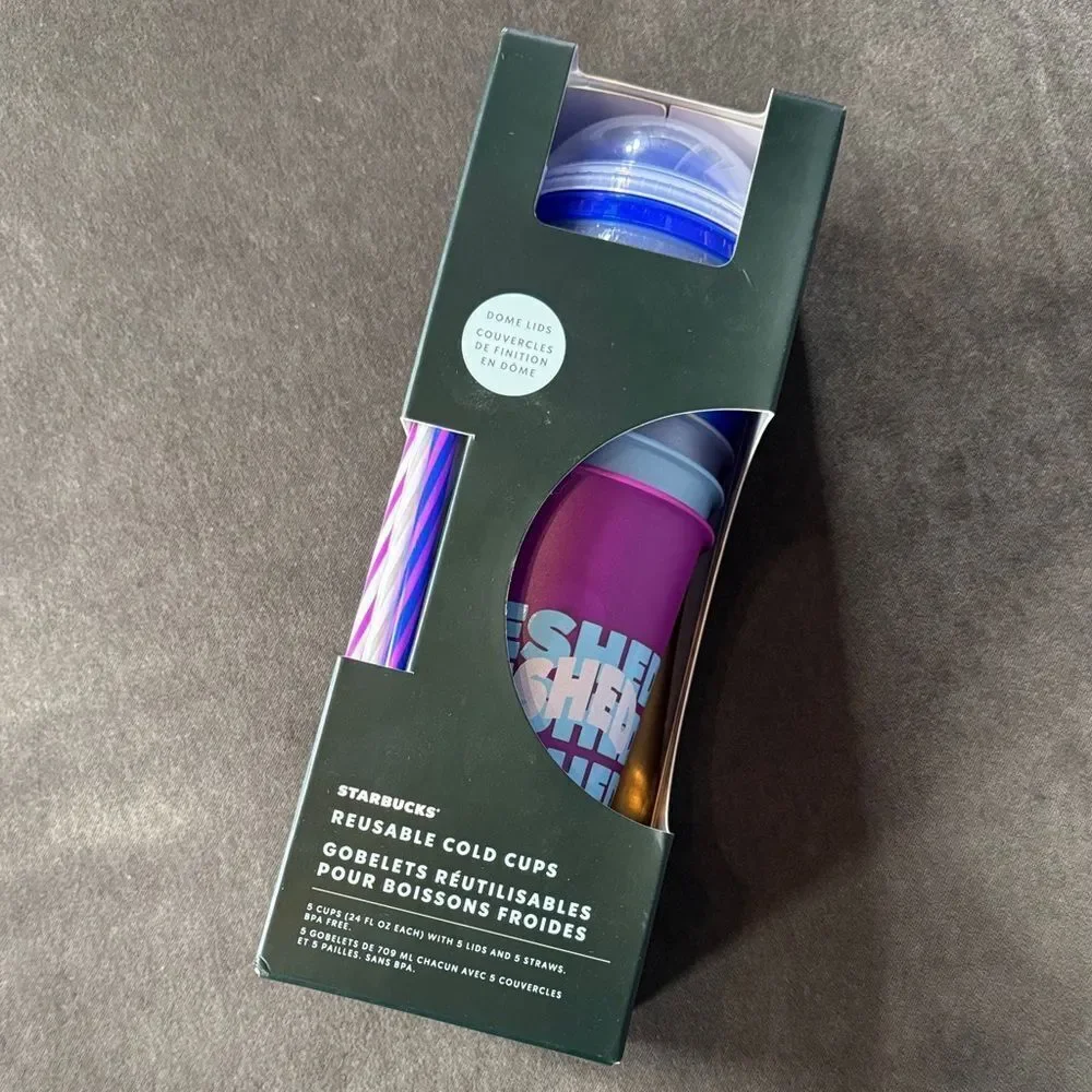 Starbucks 5 Colorful Reusable Cold Cups 24oz with Dome Lids and Straws NEW